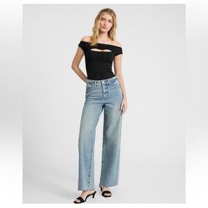 Express Black Body Contour High Compression Off The Shoulder Cutout Bodysuit,L.